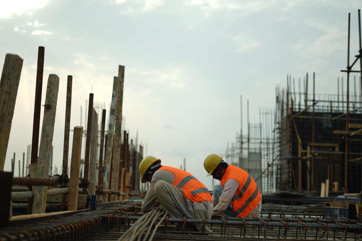 Construction area with workers and equipment